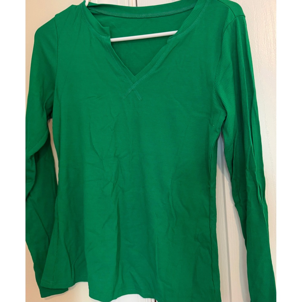 ZAK Womens Green Ribbed Long Sleeve Notched V-Neck Top C01778 Cotton Blend Small